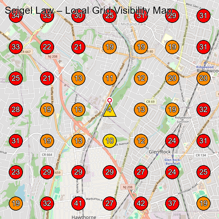 Seigel Law GeoGrid visibility map for Personal Injury Attorney in Glen Rock